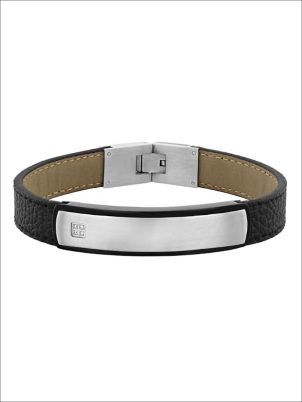 Mens Stainless Steel Leather ID Bracelet Diamond Accents Fold Over Clasp